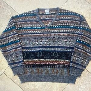 Pendleton V-Neck Sweater with Blue and Brown Patterns